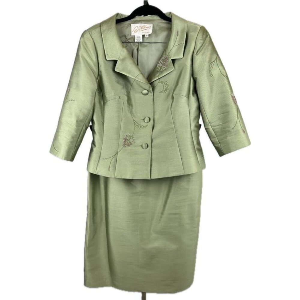 Ricki Freeman Green Silk Suit Set with Embroidered Embellishments- Size 8